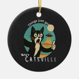 Ornamento De Cerâmica Gato OVNI Alien Paranormal selfie engraçado