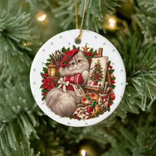 Ornamento De Cerâmica Gato Persa Boina Vermelha Pintura Natal Cavalete