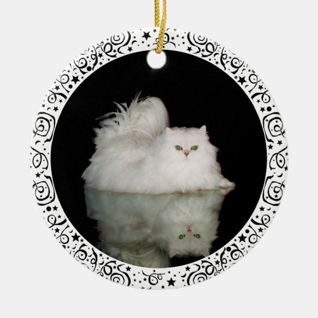 Ornamento De Cerâmica Gato Persa com Olhos Verde Jade (Frente)