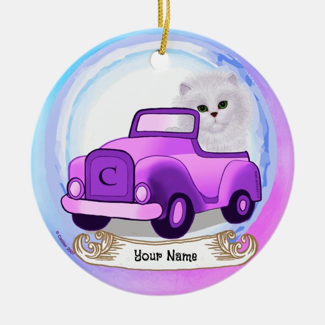 Ornamento De Cerâmica Gato Persa Dirigindo Carro (Frente)