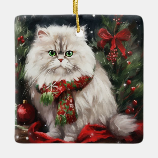 Ornamento De Cerâmica Gato Persa no Natal da Neve (Frente)