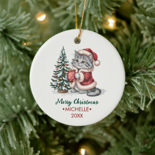 Ornamento De Cerâmica Gato personalizado com chapéu de Papai Noel Árvore