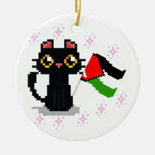 Ornamento De Cerâmica gato preto bonito segura bandeira da Palestina