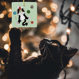 Ornamento De Cerâmica Gato Preto Branco Smoking Engraçado Férias Verde