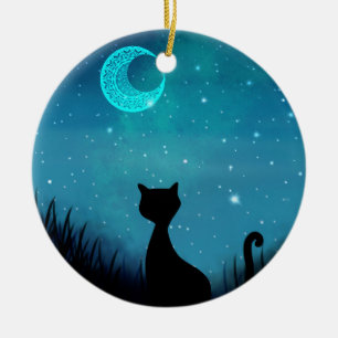 Ornamento De Cerâmica gato preto céu noturno estrelado lua crescente