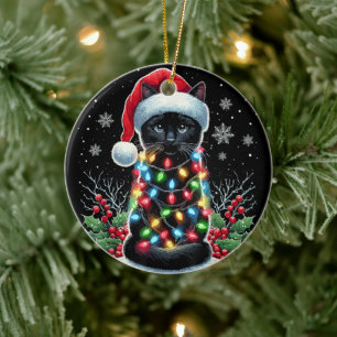 Ornamento De Cerâmica Gato Preto Chapéu de Natal do Papai Noel Gato Meow