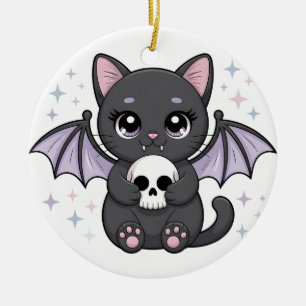 Ornamento De Cerâmica Gato Preto com Asas de Morcego Roxas Abraçando uma