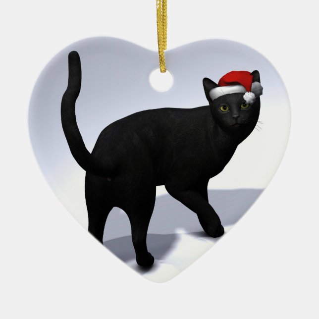 Ornamento De Cerâmica Gato Preto com Boné Papai noel (Frente)