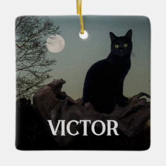Ornamento De Cerâmica Gato Preto com Lua no Limbo da Árvore