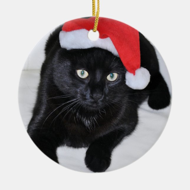 Ornamento De Cerâmica Gato preto com o chapéu vermelho do papai noel (Frente)