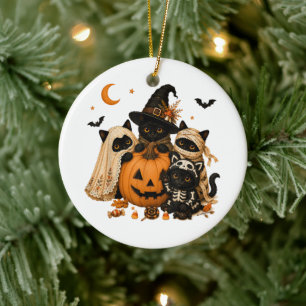 Ornamento De Cerâmica Gato Preto de Abóbora de Halloween Bruxa