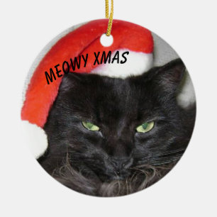 Ornamento De Cerâmica Gato Preto De Natal Com Chapéu De Papai Noel