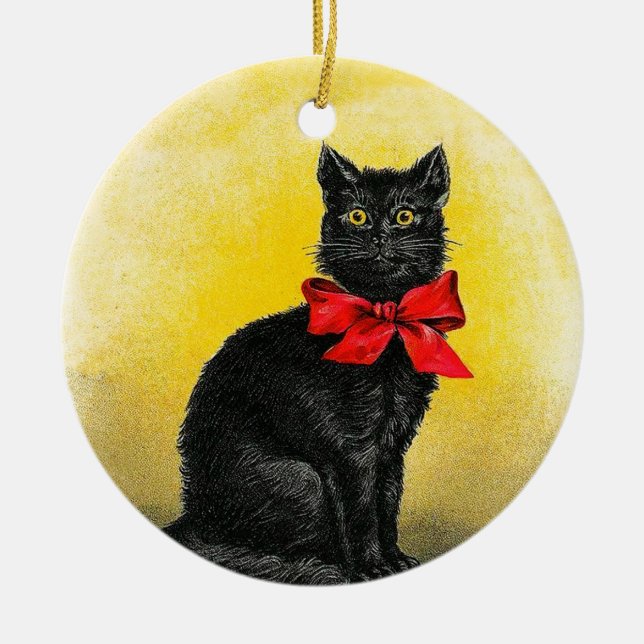 Ornamento De Cerâmica Gato preto do vintage (Frente)