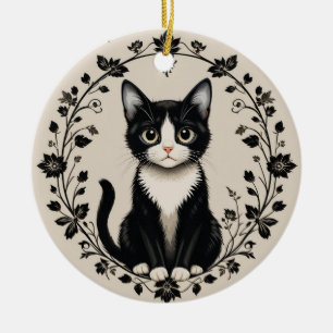 Ornamento De Cerâmica Gato Preto e Branco Elegante