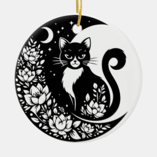Ornamento De Cerâmica Gato Preto e Branco Lua Adorno de Janela