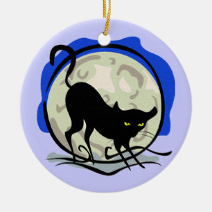 Ornamento De Cerâmica Gato preto e fundo azul de lua cheia, ZSSG