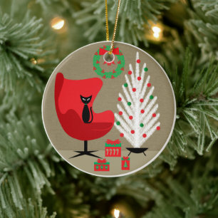 Ornamento De Cerâmica Gato Preto em Sala de Natal de Meados do Século