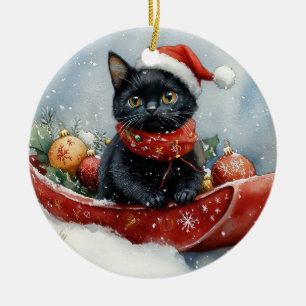 Ornamento De Cerâmica Gato Preto em Trenó Deixe Nevar Natal