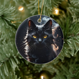 Ornamento De Cerâmica Gato Preto em uma Névoa de Fumaça Mistificado 