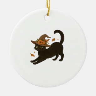 Ornamento De Cerâmica Gato Preto Esticado � Camiseta Clássica de Outono