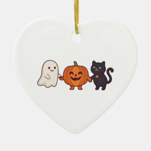 Ornamento De Cerâmica Gato Preto Fantasma Fofo & Abóbora de Halloween