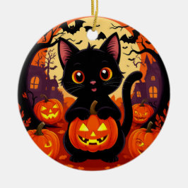 Ornamento De Cerâmica Gato Preto Fofo com Abóboras de Halloween