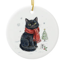Gato Preto Fofo com Cachecol Vermelho na Árvore de