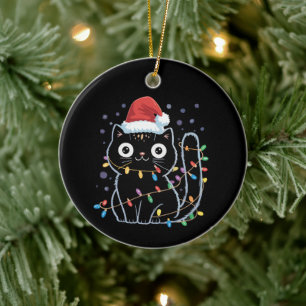 Ornamento De Cerâmica Gato Preto Fofo Papai Noel Luzes de Natal Meow Kit