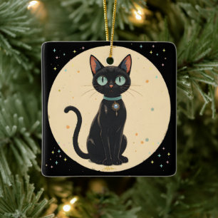 Ornamento De Cerâmica Gato Preto Futurista Atômico Lua