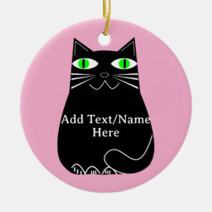 Ornamento De Cerâmica Gato Preto Gordo Com Olhos Verdes Texto Personaliz