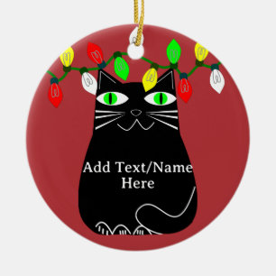 Ornamento De Cerâmica Gato Preto Gordo Com Olhos Verdes Texto Personaliz