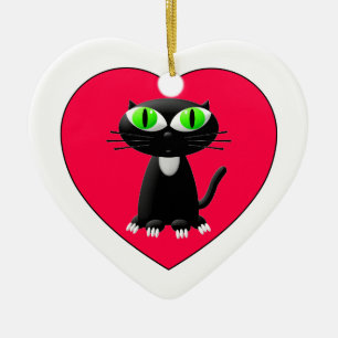 Ornamento De Cerâmica Gato Preto No Coração Vermelho