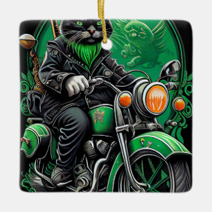 Ornamento De Cerâmica Gato preto pilotando bicicleta no Dia de São Patrí