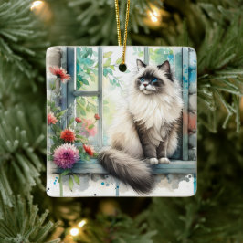 Ornamento De Cerâmica Gato Ragdol em Janela Home Sweet Home