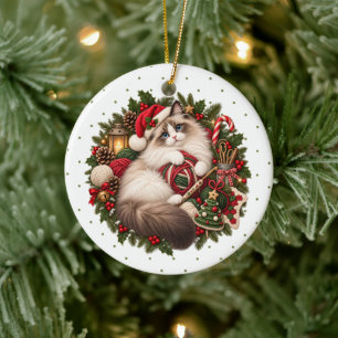 Ornamento De Cerâmica Gato Ragdoll Chapéu de Papai Noel Gancho de Crochê