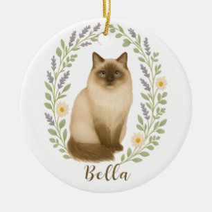 Ornamento De Cerâmica Gato Ragdoll Floral Quadro Nome Personalizado