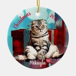 Ornamento De Cerâmica Gato Relaxado Scottish Fold Natal