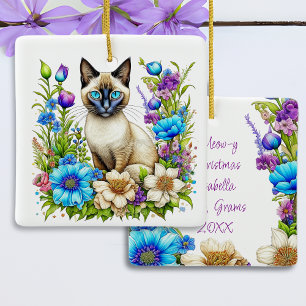 Ornamento De Cerâmica Gato Siamês Ai Aquarela em Flores Personalizado