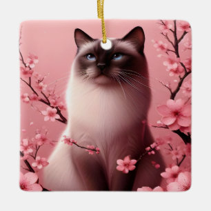 Ornamento De Cerâmica Gato siamês, cereja japonesa, flor florada rosa