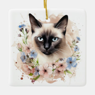 Ornamento De Cerâmica Gato Siamês E Flores De Água