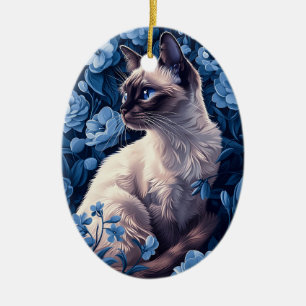 Ornamento De Cerâmica Gato Siamês nas Flores Azuis
