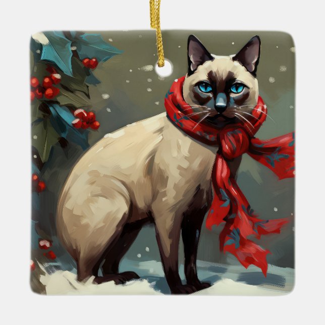 Ornamento De Cerâmica Gato Siamês no Natal da Neve (Frente)