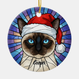 Ornamento De Cerâmica Gato Siamês Santa Hat Manchado Vidro