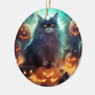 Ornamento De Cerâmica Gato Siberiano De Halloween Com Pumpkins Assustado