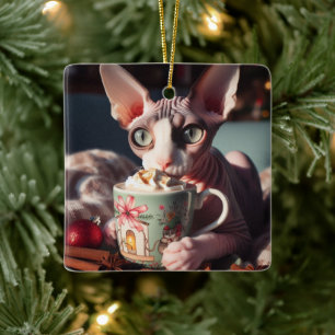 Ornamento De Cerâmica Gato Sphynx Cacau Quente Natal