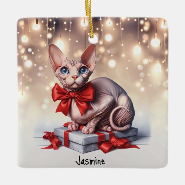 Ornamento De Cerâmica Gato Sphynx Natal (Frente)