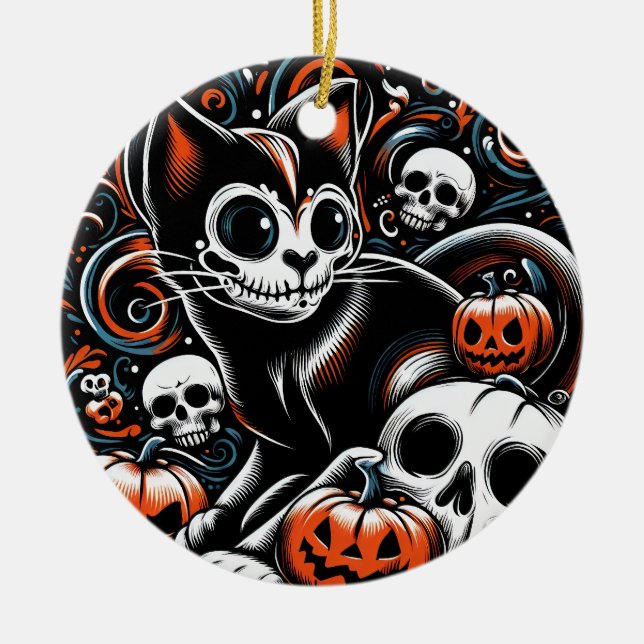 Ornamento De Cerâmica Gato Spooky com crânios (Frente)