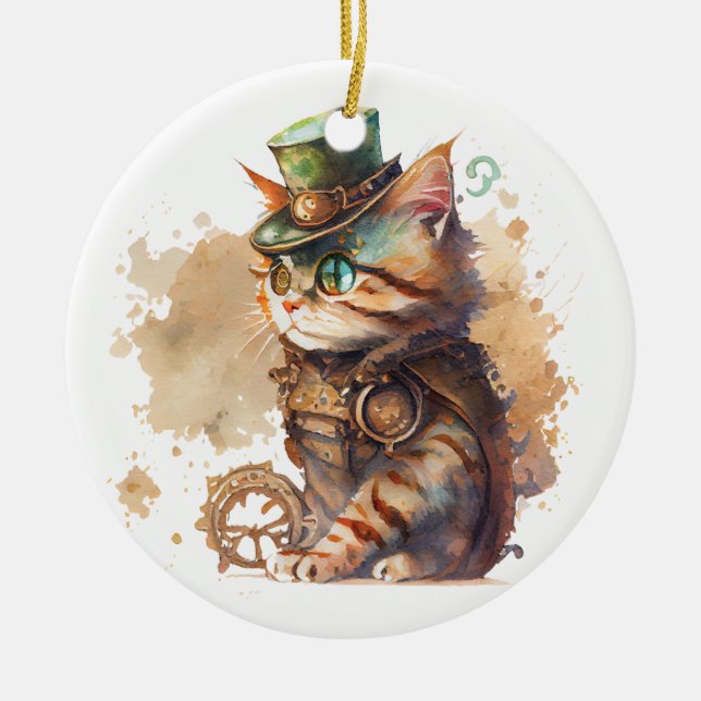 Ornamento De Cerâmica Gato Steampunk (Frente)