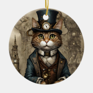 Ornamento De Cerâmica Gato Steampunk