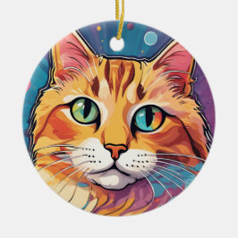 Ornamento De Cerâmica Gato Tabby Laranja | Pintura Colorida Contemporâne